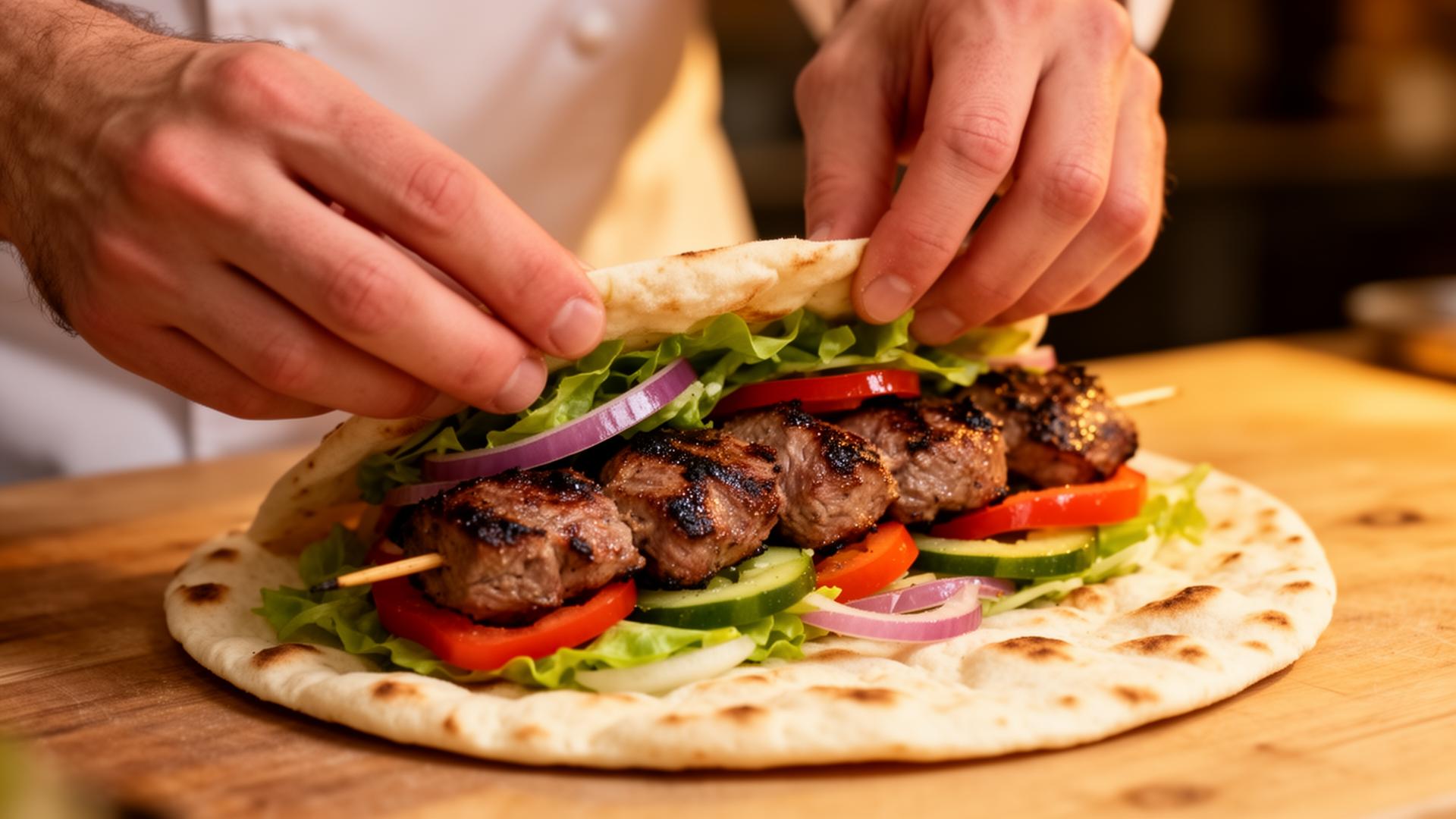 Chef assembling a fresh kebab