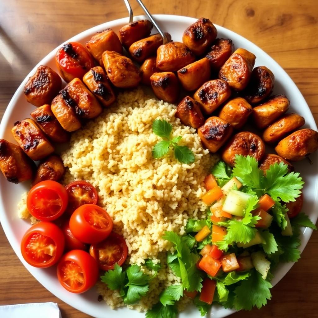 Mixed kebab platter with rice and salad
